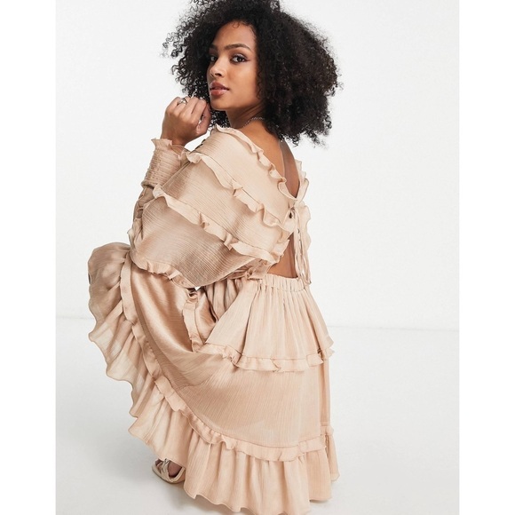 New ASOS Design Tiered Soft Mini Dress Pleated Tie Front Open Back Blush Sz 4 - Picture 3 of 12